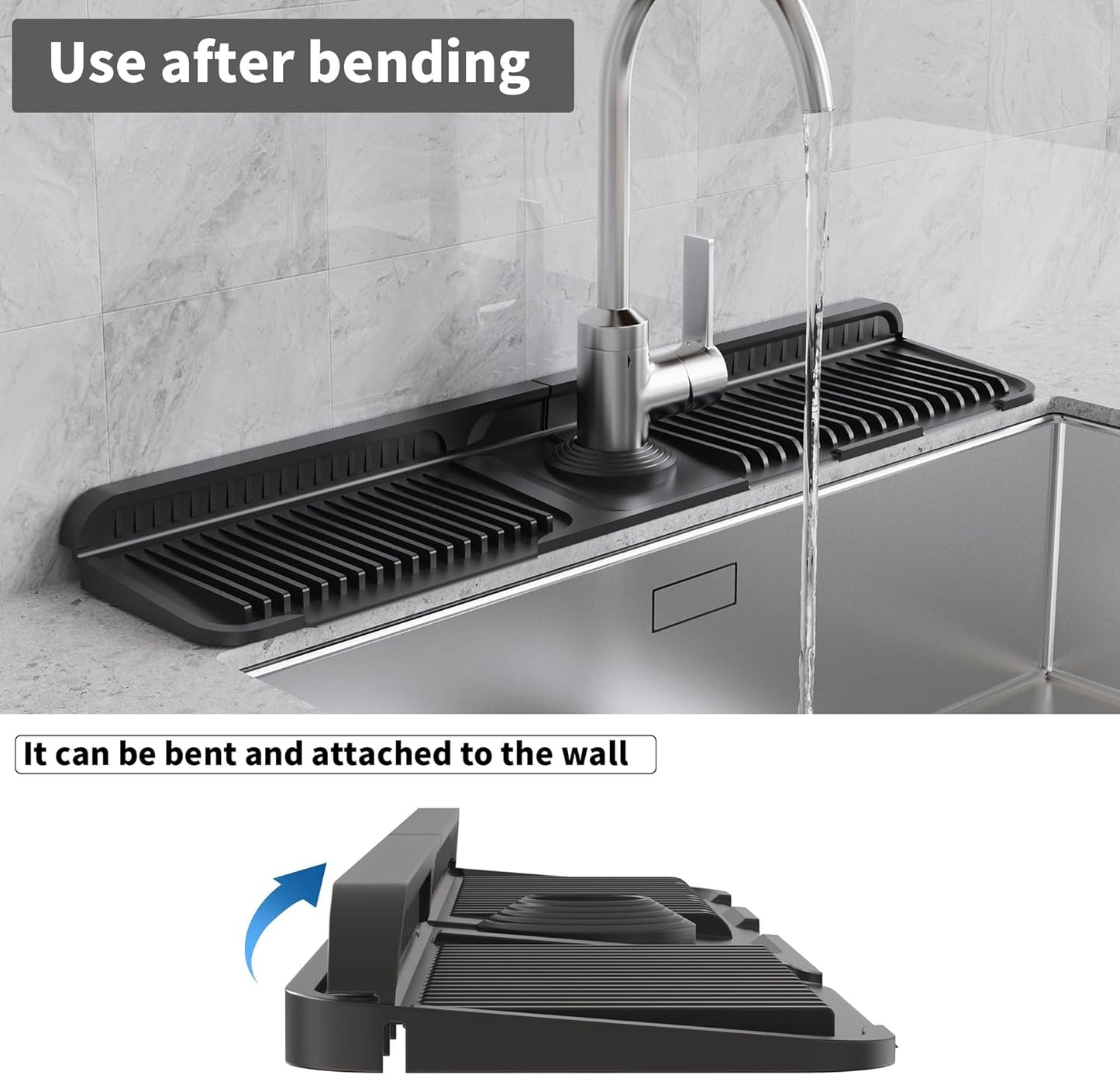 WAFT YEARN 24X5 Inch Silicone Durable Faucet Mat Kitchen Sink Splash Guard Draining Protector Tray Liner Absorbent Protective Counter Accessories For Sink Kitchen Bathroom Laundry Room Bar & RV Black