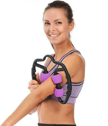5 STAR SUPER DEALS Quad Roller Massage Stick- U Shaped 360° Deep Massage Ball Tool to Relieve Arm, Leg, Neck Muscle Soreness Stiffness and Tight Muscles (Purple)