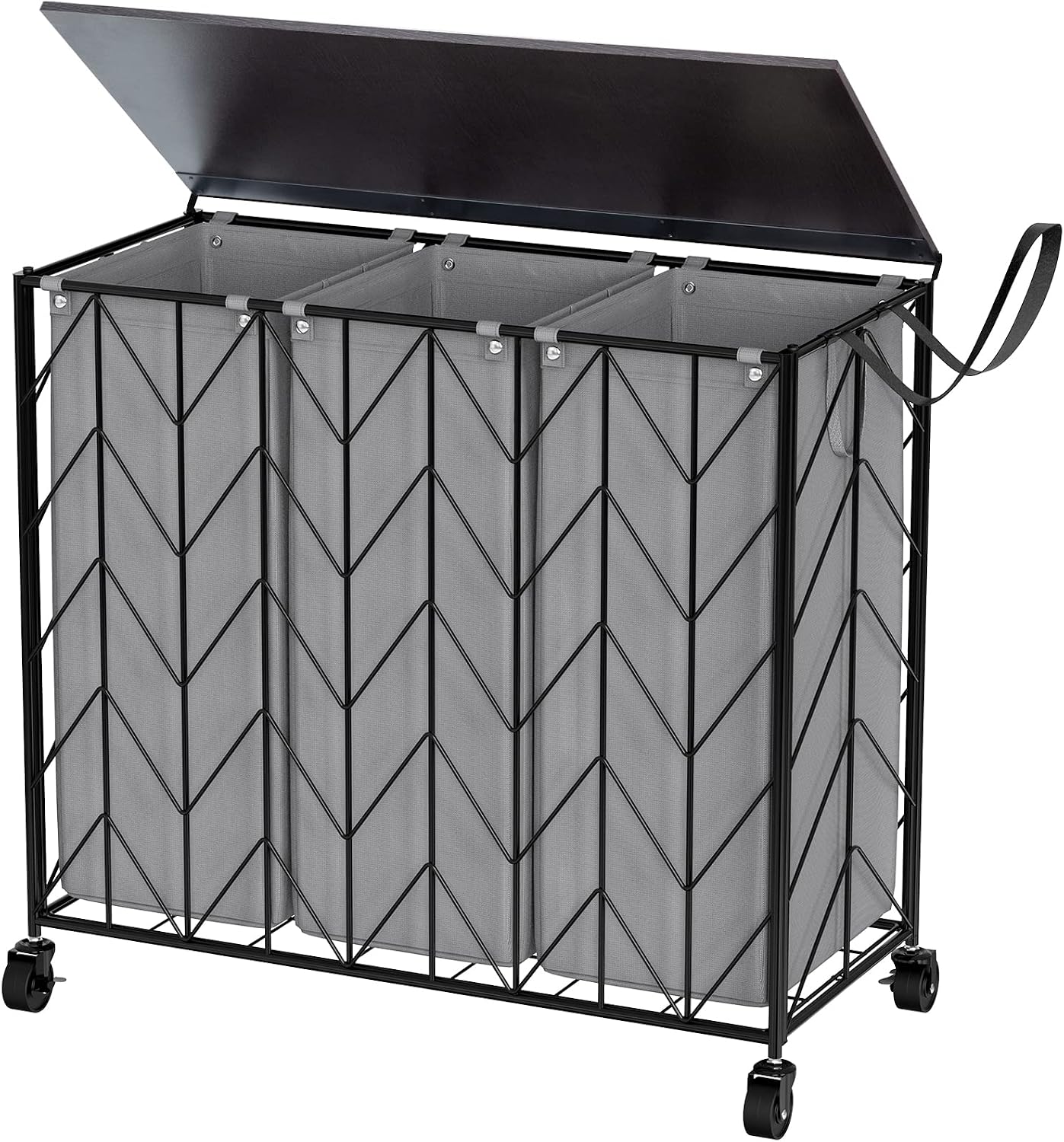 WOWLIVE Laundry Hamper 3 Section with Lid, 142L Laundry Basket with Wheels | Rolling Dirty Clothes Hamper with Removable Bags, Large Iron-Made Laundry Basket Organizer Laundry Sorter for Dorm, Beige