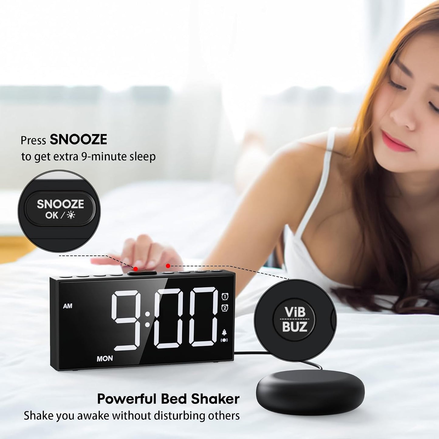 Mesqool Loud Alarm Clock with Bed Shaker & Dual Alarms, USB Port | Extra Loud Vibration Alarm Designed for Heavy Sleepers & Hearing Impaired. 5-level Dimmer, Battery Backup, Snooze & DST.