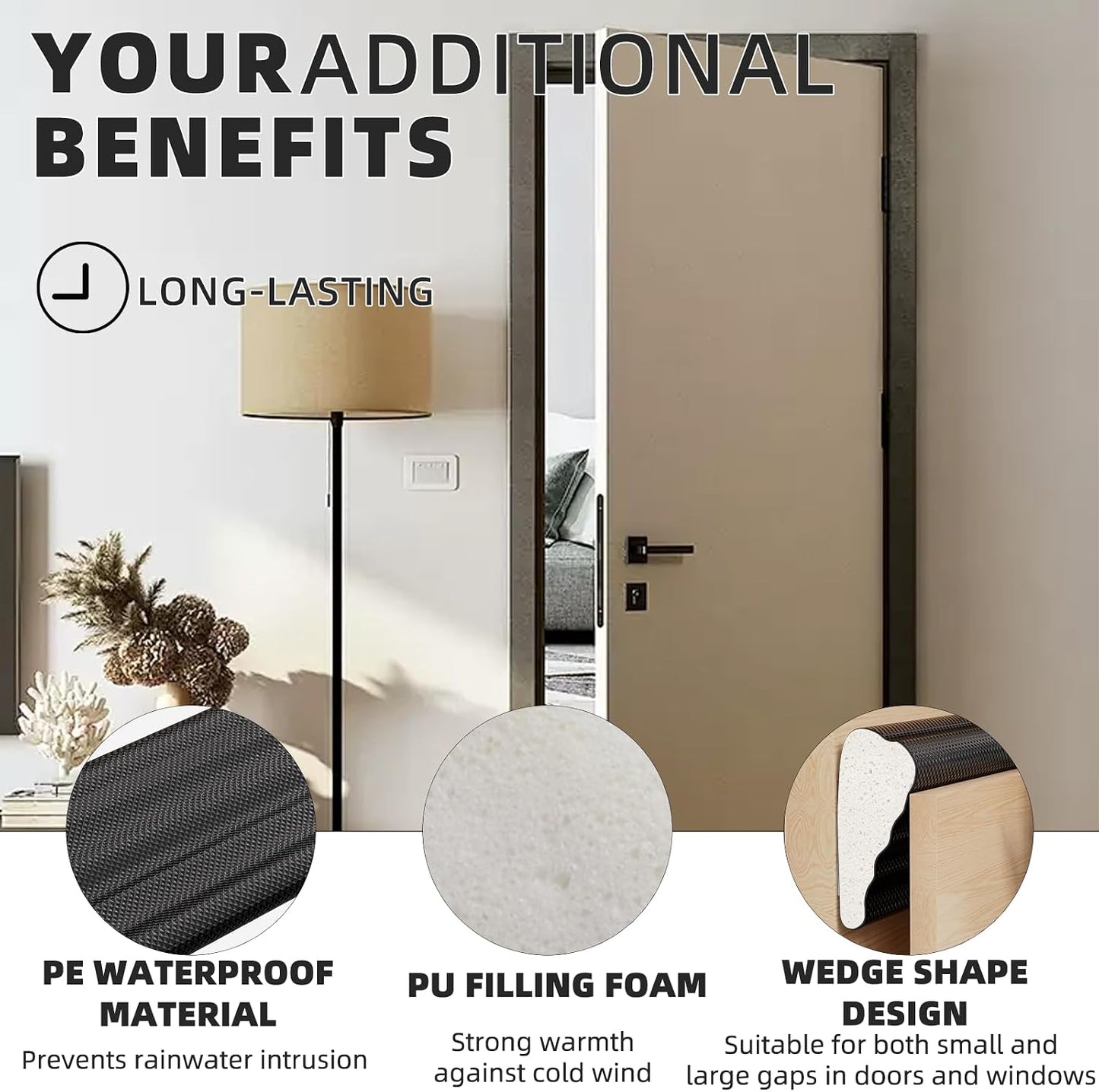 196" White Wedge Weather Stripping Door Seal, Foam Door Gap Seal | Noise & Draft Blocking, Windows & Doors Winter Insulation, Door Frame Soundproofing, Self Adhesive Weatherstrip Tape