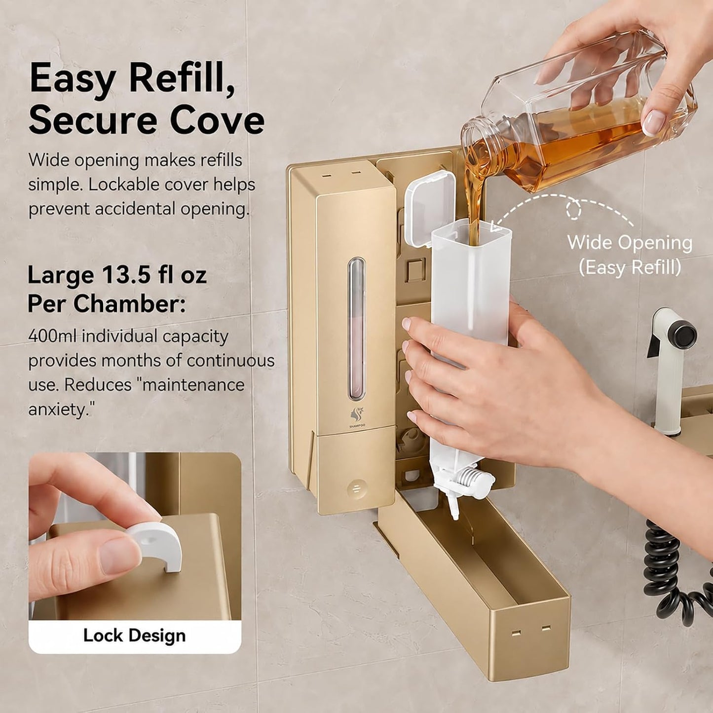 Shampoo and Conditioner Dispenser - Wall-Mounted 3-Chamber Shower Soap Dispenser, No-Drill, 1200ML Capacity, for Bathroom & Hotel