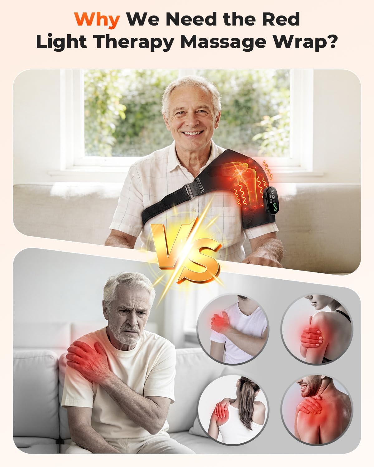 Cordless Red Light Therapy for Shoulder with Massage, 5000mAh Heating Pad for Shoulder Wrap, Adjustable Left & Right Heated Pad for Muscle Relaxation, 50 Dual-Chip LED, Gifts for Men Women, Black