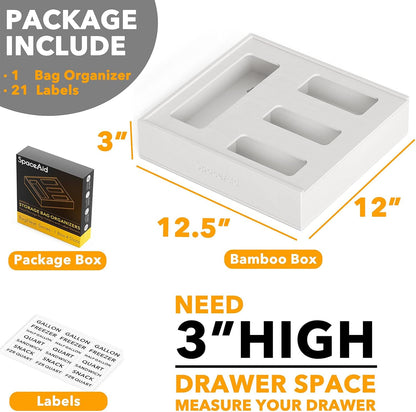 SpaceAid Bag Storage Organizer for Kitchen Drawer, Bamboo Organizer, Compatible with Gallon, Quart, Sandwich and Snack Variety Size Bag (1 Box 4 Slots)