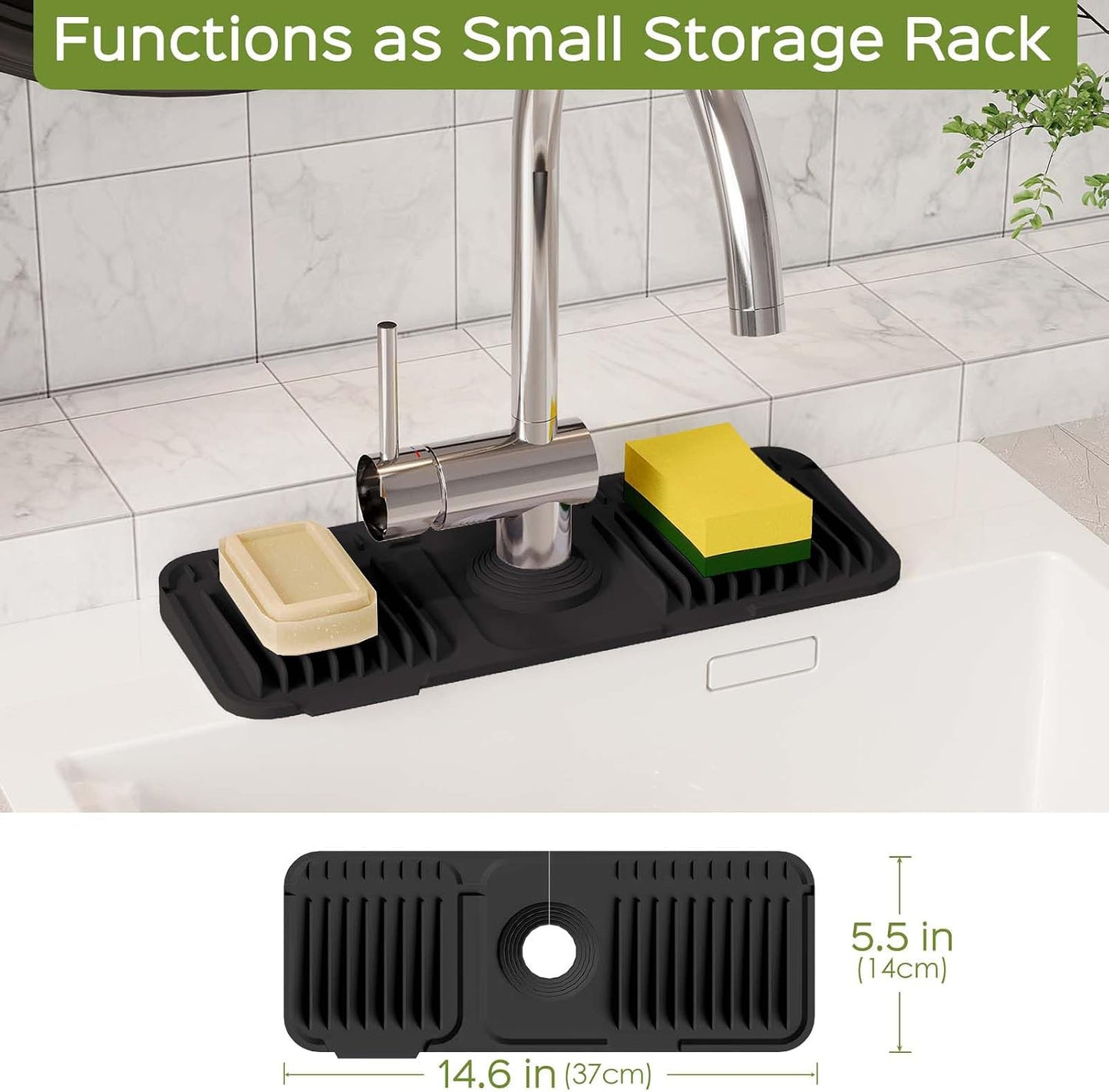 24 Inch Silicone Faucet Mat for Kitchen Sink Splash Guard – Upgraded Draining Mat with Water Tray Behind Faucet – Countertop Protectors to Catch Spills (Black, 24" x 5.5" )