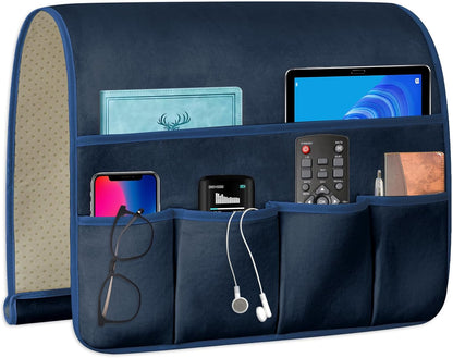 Remote Control Holder for Armchair Caddy, Remote Holder with 5 Pockets | Couch TV Remote Holder with Non-Slip Base, Bedside Caddy Organizer for Key Glasses Phone Magazine (Blue, 35"x12.4")