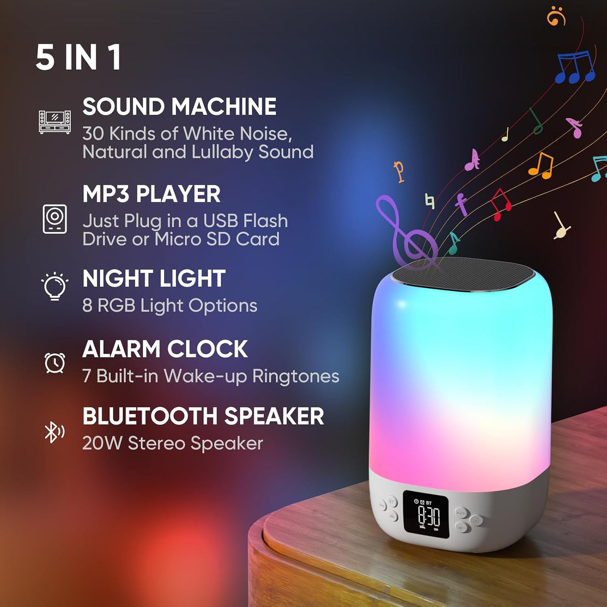 Nightlight Bluetooth Speaker Alarm Clock, Sound Machine with White Noise