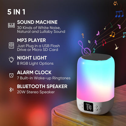Nightlight Bluetooth Speaker Alarm Clock, Sound Machine with White Noise