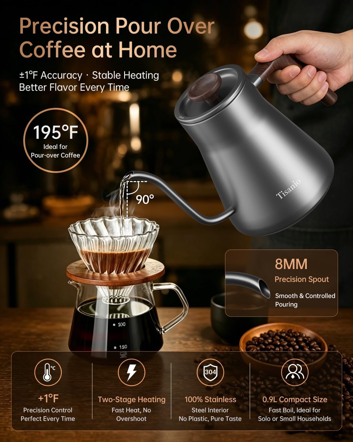 Gooseneck Electric Kettle with Temperature Control, 0.9L, Black | ±1°F Precision Pour Over Kettle, LCD Dual Display, Smart Two-Stage Heating, 2H Keep Warm, 304 Stainless Steel Interior