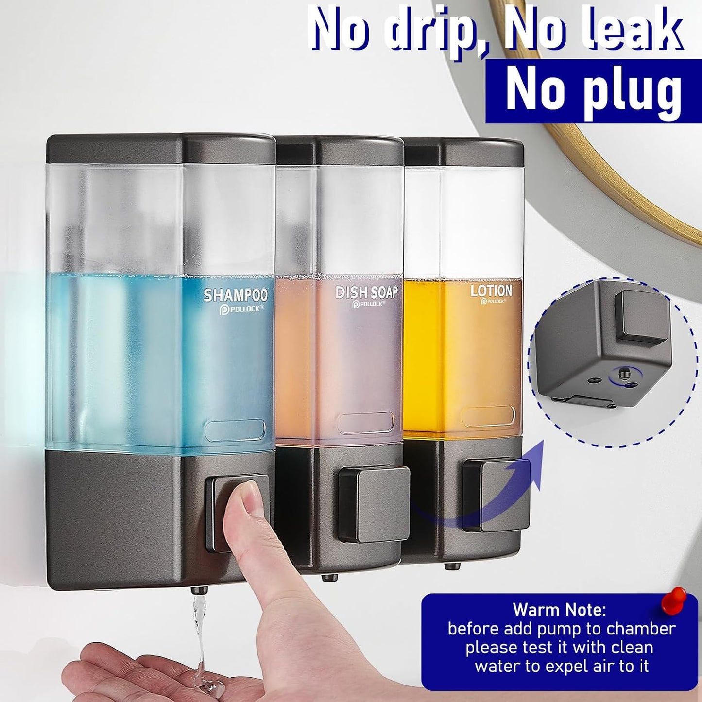 Pollock Shampoo and Conditioner Dispenser,Black 3 Chamber * 500ML | Shower Soap Dispenser Wall Mounted, Body Wash Dispenser No Drill,Refillable Shower Dispenser for Bathroom,Hotel,Public Place