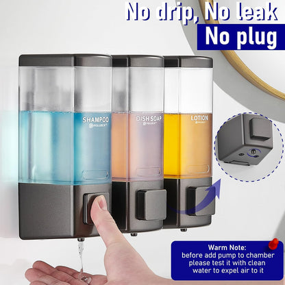 Pollock Shampoo and Conditioner Dispenser,Black 3 Chamber * 500ML | Shower Soap Dispenser Wall Mounted, Body Wash Dispenser No Drill,Refillable Shower Dispenser for Bathroom,Hotel,Public Place