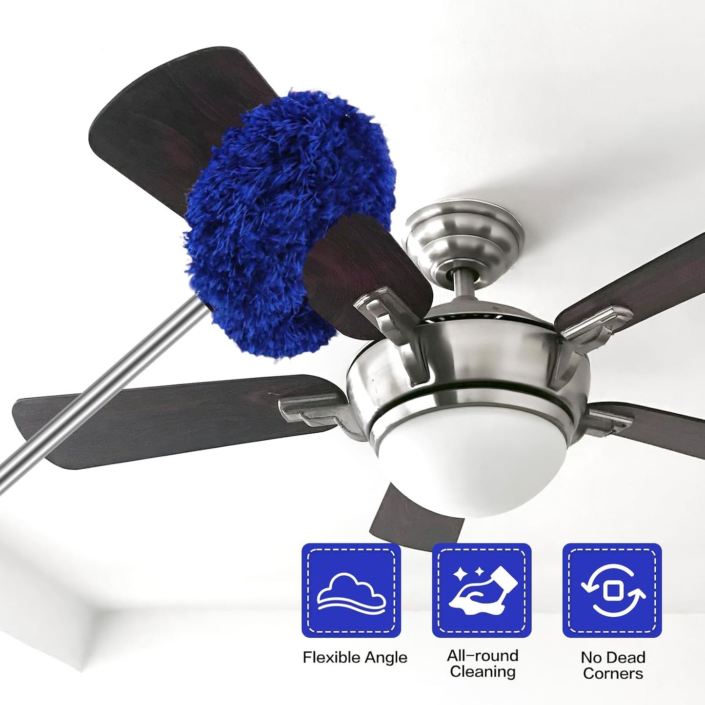 Ceiling Fan Cleaner Duster Reusable Microfiber Ceiling Fan Blade Cleaner Removable Duster with Extension Pole Adjusts 13 to 49.7 Inch for Cleaning Walls Bookshelves Furniture Door Window Top (Blue)
