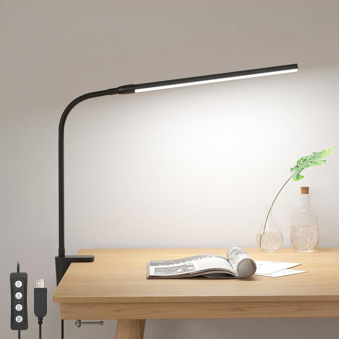 Lepro Small Desk Lamp with Clamp, LED Reading Lamps, 460LM, 5W, White | 3 Color Modes 10 Brightness, Dimmable USB Clip on Desk Light with Gooseneck Swing Arm for Nail, Home Office and Dorm
