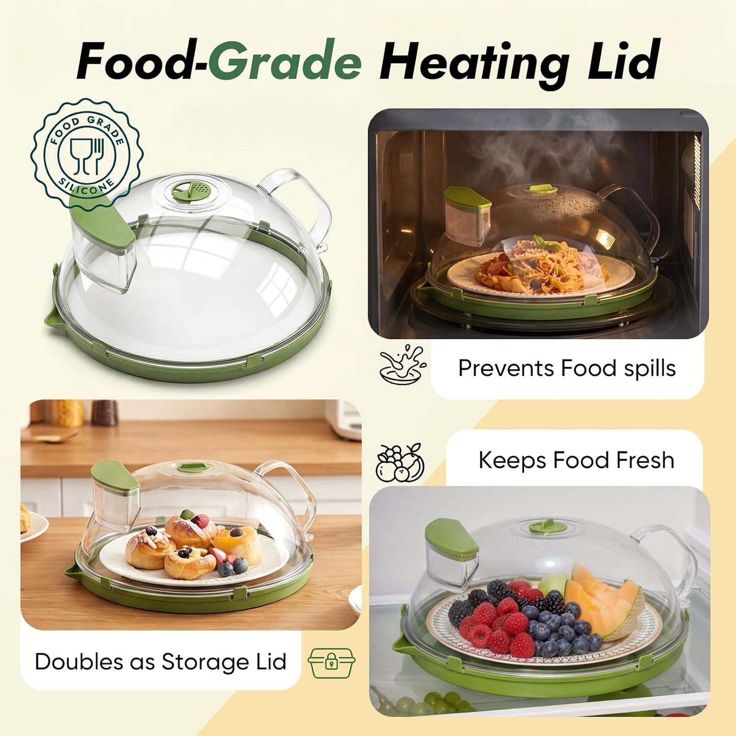 10-Inch Microwave Splatter Cover with Water Steamer, Green | Clear plate cover with adjustable vent and handle for plates, bowls, dishes and reheating leftovers