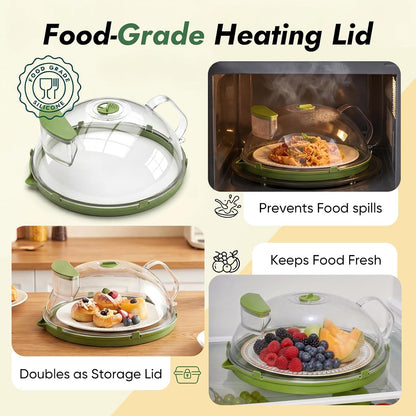 10-Inch Microwave Splatter Cover with Water Steamer, Green | Clear plate cover with adjustable vent and handle for plates, bowls, dishes and reheating leftovers