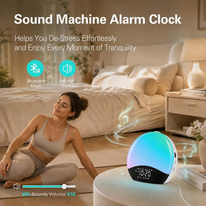 JALL Full Screen Dimmer Sunrise Alarm Clocks for Bedrooms, Wake Up Light with FM Radio, 25 White Noise Sleep Sounds, Bluetooth Speaker, Dual Alarms Bedside Clock for Heavy Sleepers