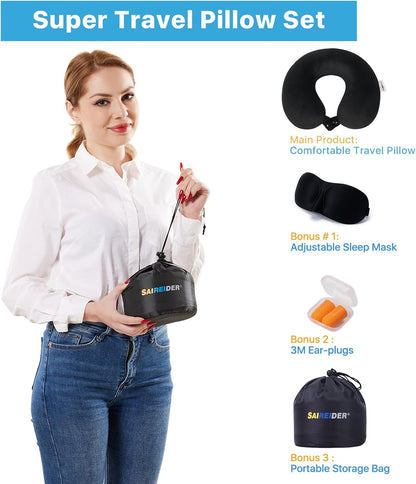 SAIREIDER Travel Pillow 100% Pure Memory Foam Travel Neck Pillow, Airplane Pillow for Traveling、Car、Home、Office，Washable Cover（Black）