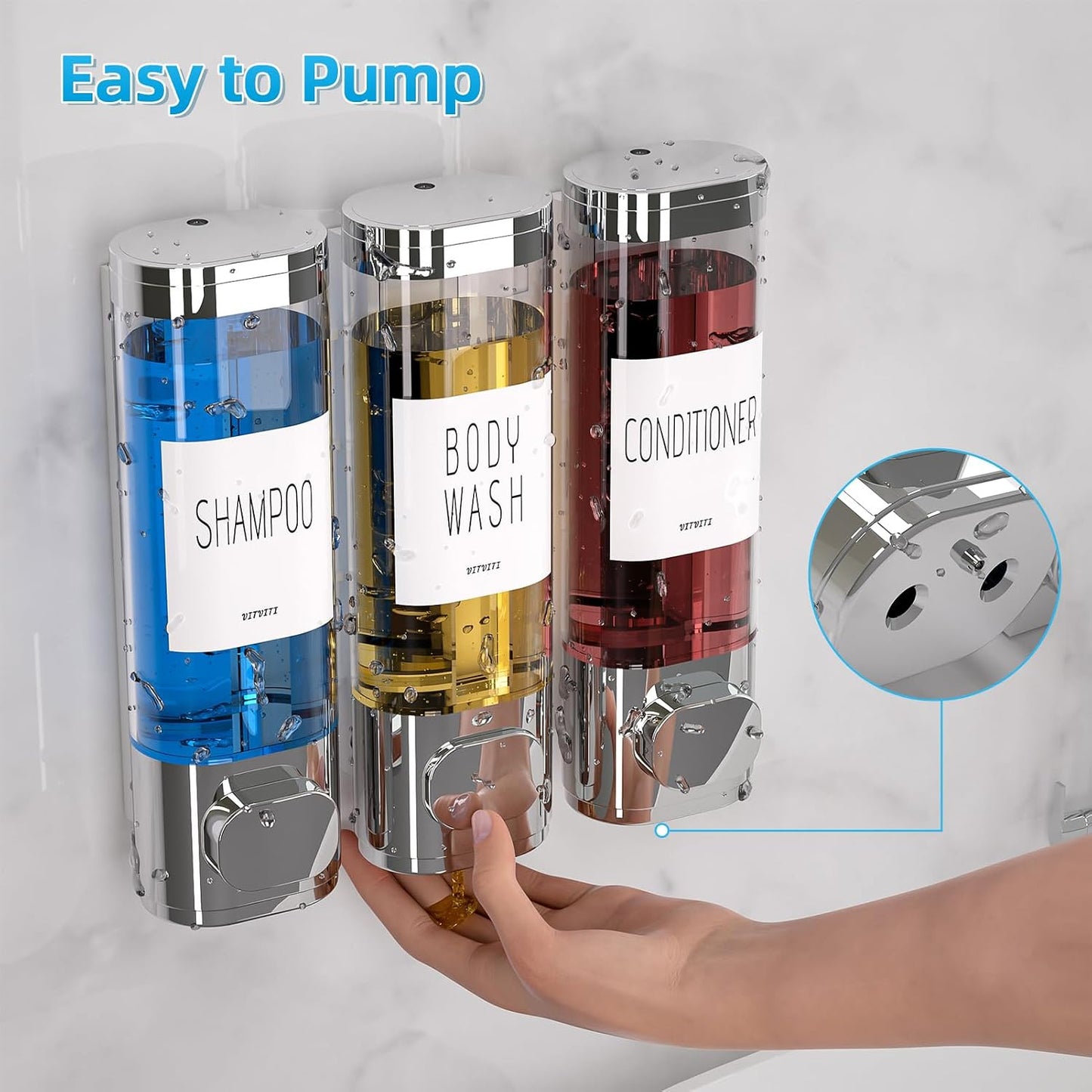 Shampoo and Conditioner Dispenser for Shower Wall Mount 3 Chamber, Black | Shower Soap Dispenser for Wall, 10.2 OZ Plastic Refillable Body Wash Bottles for Bathroom, No Drill Wall Mounted