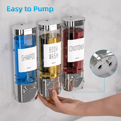 Shampoo and Conditioner Dispenser for Shower Wall Mount 3 Chamber, Black | Shower Soap Dispenser for Wall, 10.2 OZ Plastic Refillable Body Wash Bottles for Bathroom, No Drill Wall Mounted