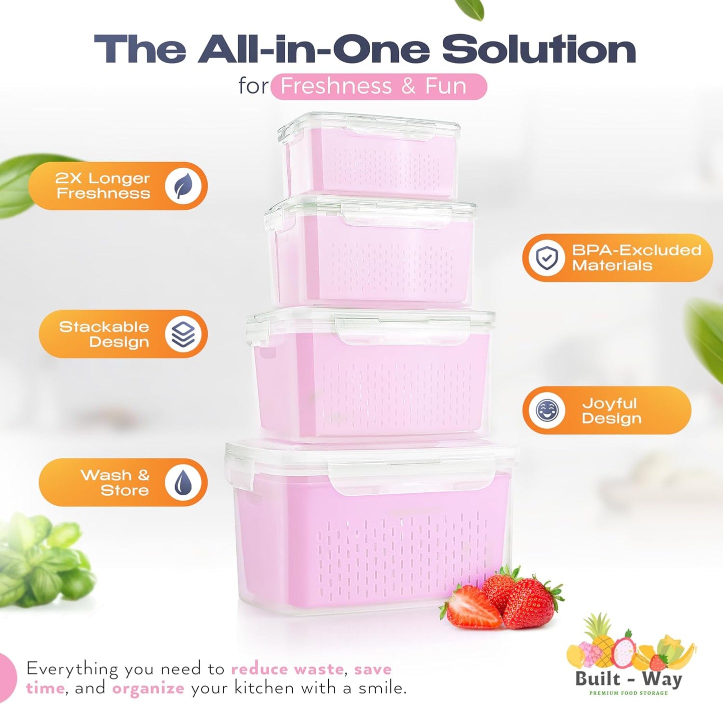Fruit Storage Containers for Fridge - Set of 4 - Airtight Lid Keeps Fresh - For Fruit & Vegetable Storage - Space-Saving Design - Ideal for Produce, Berries, Snacks - Pink