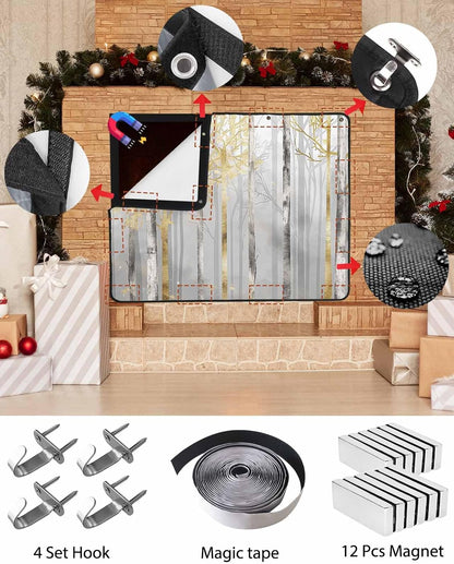 Abstract Forest Magnetic Fireplace Cover Decorative Indoor For Brick Fireplace, Insulation Fireplace Blocker Blanket Draft Stop Hot Heat Save Energy, Modern Landscape Painting Grey Gold 45"Wx34"H