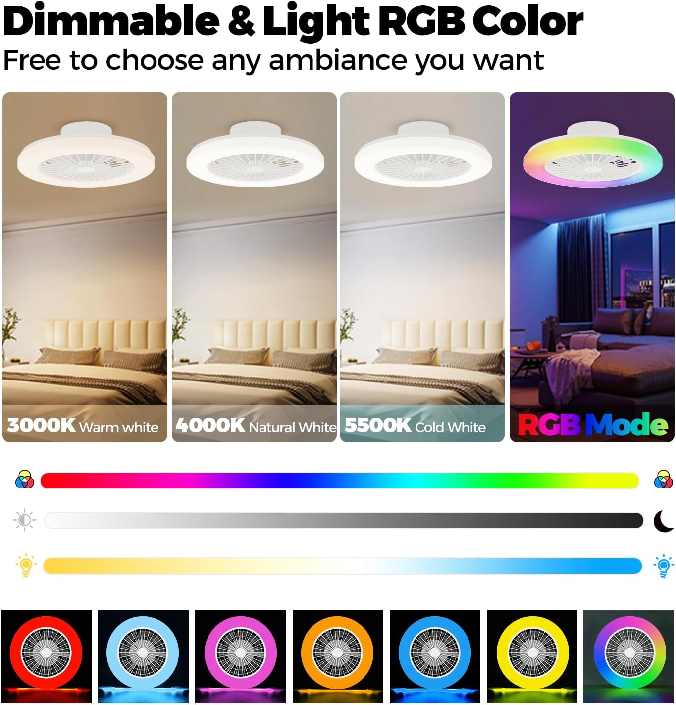 18.9" RGB Flush Mount Ceiling Fan with Light, 6 Speeds 3 Colors | Indoor Ceiling Fan · RGB+3CCT Dimmable · App/Remote Control · Quiet DC · 6-Speed Reversible · Flush Mount 18.9" · Kids Room