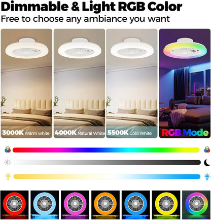 18.9" RGB Flush Mount Ceiling Fan with Light, 6 Speeds 3 Colors | Indoor Ceiling Fan · RGB+3CCT Dimmable · App/Remote Control · Quiet DC · 6-Speed Reversible · Flush Mount 18.9" · Kids Room