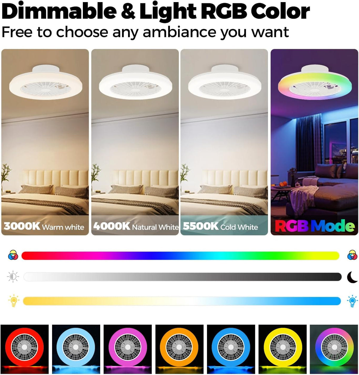 18.9" RGB Flush Mount Ceiling Fan with Light, 6 Speeds 3 Colors, Timer