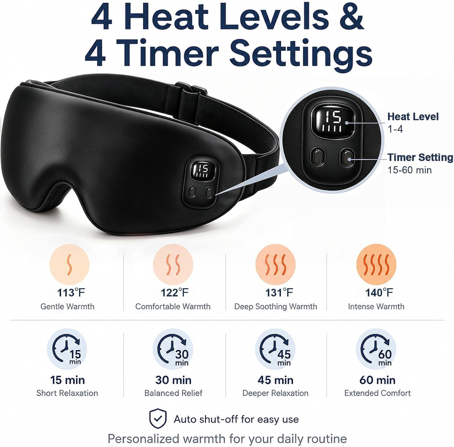 Cordless Heated Eye Mask-4 Heat Levels & 4 Timers Heated Eye Mask Rechargeable for Dry Eyes Warm Compress for Eyes Home Office Travel Sleep Soft Adjustable Portable Eye Mask Gift for Women Men