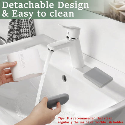 Bamboo Toothbrush Holder for Bathrooms Toothpaste Organizer, Small, White | 2 Slots, Easy to Clean, Plastic, Kids Electric Toothbrush, Drainage, Removable, For Bathroom, Vanity, Kitchen Sink, Office