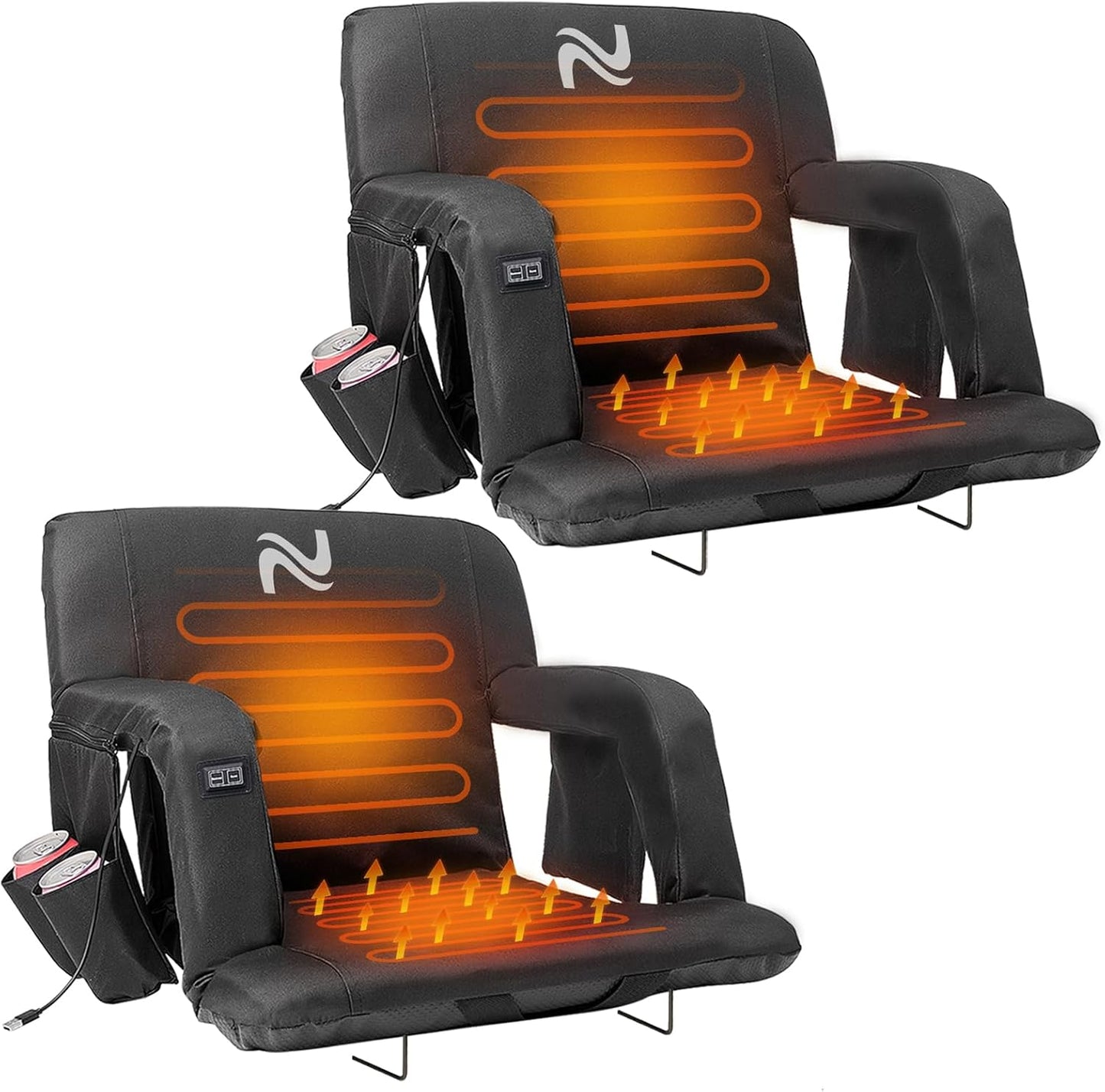 Wide Heated Stadium Seat for Bleachers w/Back Support & Cushion | 5-Position Adjustable Heated Stadium Seat with Armrests, 3 Heat Levels, Anti-Slip, Side Pockets, Backpack Straps (No Battery)