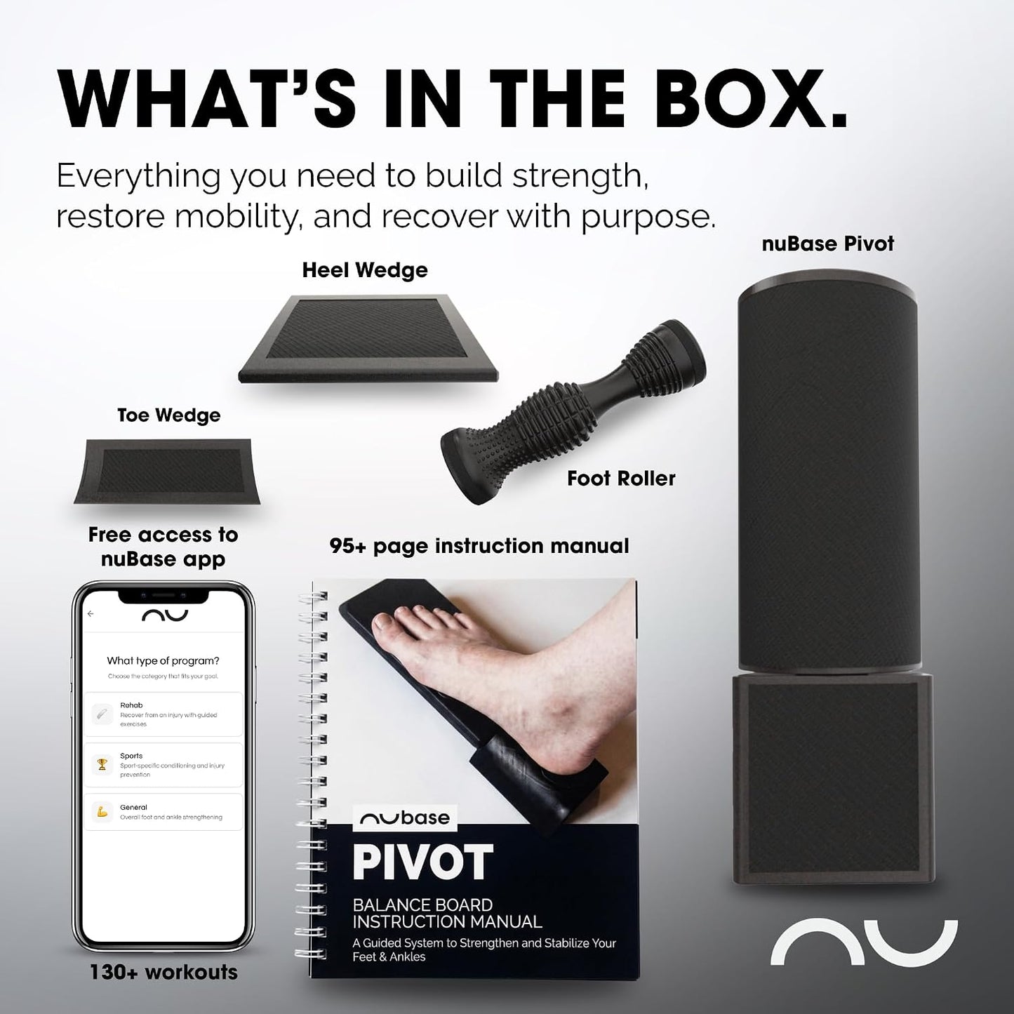 nuBase PIVOT | Split-Board Foot & Ankle Strengthener | Physical Therapy Training System for Ankle Sprains, Achilles Pain, Plantar Fasciitis & Flat Arches | Podiatrist-Developed | Includes Roller, Wedges, 95-Page Guide + nuBase App