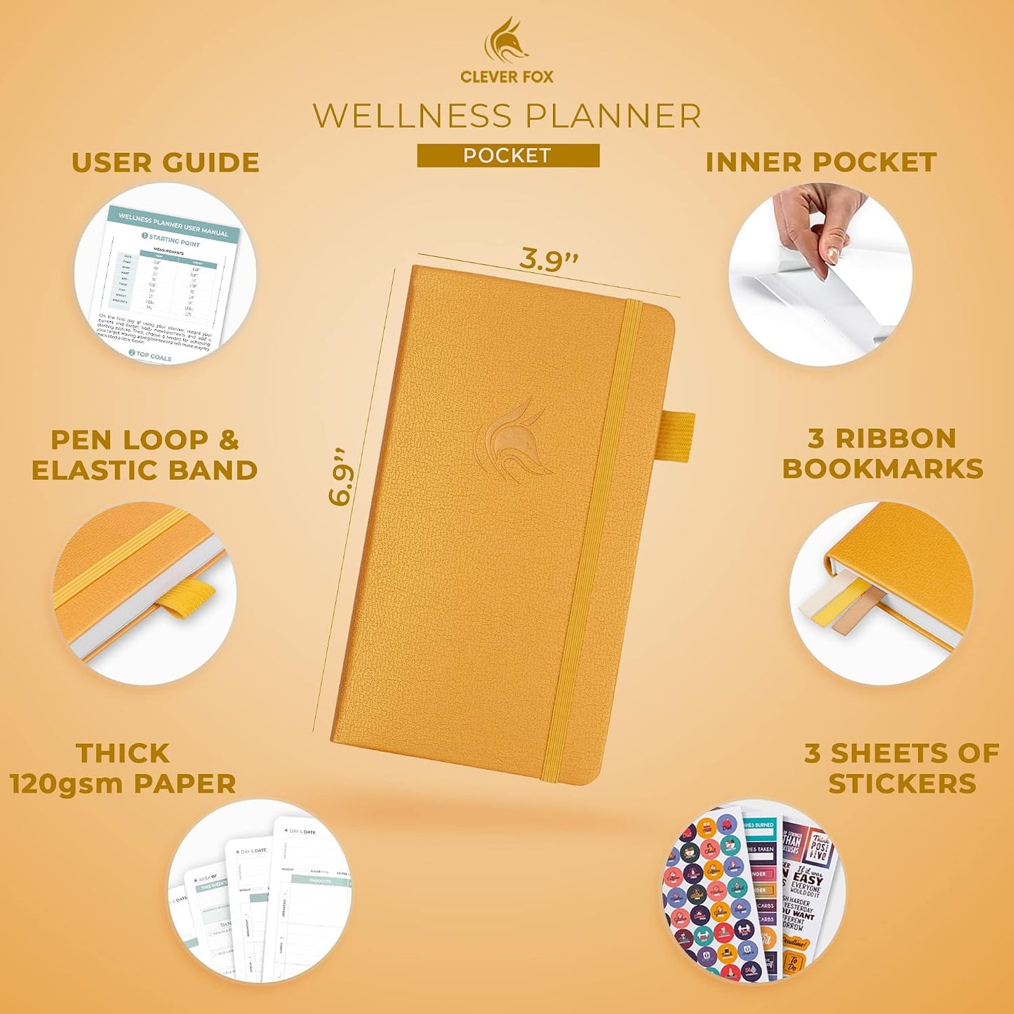 Clever Fox Wellness Planner & Food Journal for Weight Loss, A5 Orange | 5.8"x8.3" nutrition & exercise tracker for women tracking meals, diet & symptom diary, calorie counter notebook, stickers