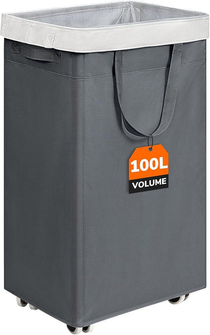 CHICVITA 75L Large Rolling Laundry Basket with Wheels & Wash Bag, Grey | Collapsible design saves space for corner dorms. Removable wash bag for easy laundry transport