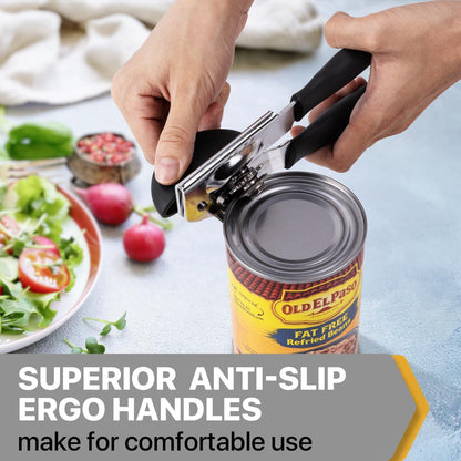 UHIYEE Heavy Duty Hand Can Opener with Comfortable Grip for Seniors, Black | Manual Can Opener, Hardened Steel Blade, Rubber-Coated Handle, Oversize Knob, Built-in Magnet & Bottle Opener
