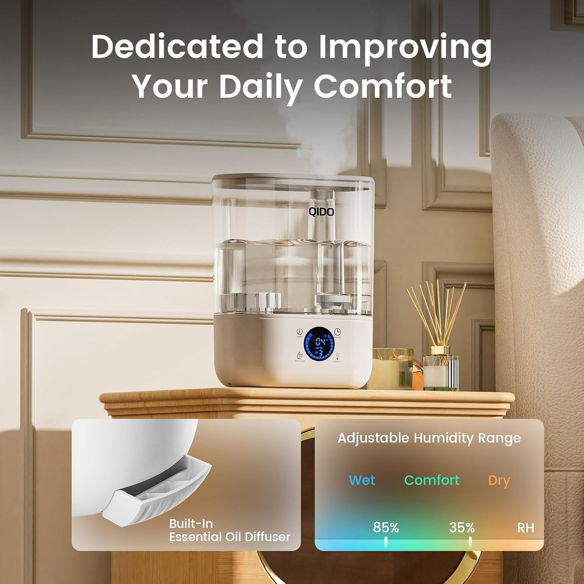 QIDO Top Fill Humidifiers for Bedroom, 5 L Cool Mist 36H Super Long Time, Quiet 28dB Essential Oil Diffuser for Baby & Plants, 3 Adjustable Mist with Touch/APP/7-color Nightlight, Auto Shut-off, White