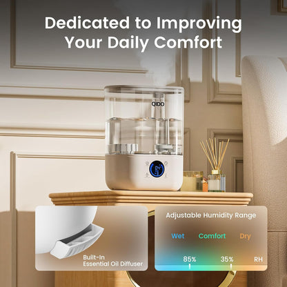 QIDO Top Fill Humidifiers for Bedroom, 5 L Cool Mist 36H Super Long Time, Quiet 28dB Essential Oil Diffuser for Baby & Plants, 3 Adjustable Mist with Touch/APP/7-color Nightlight, Auto Shut-off, White