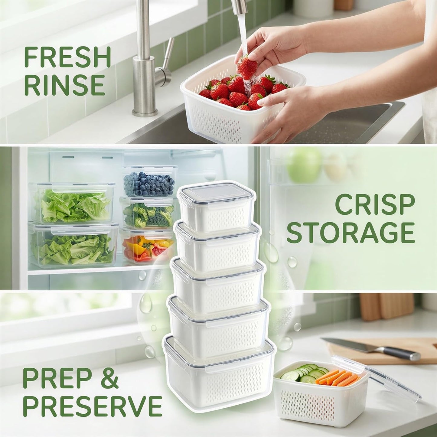 5 Pack Fruit Storage Containers for Fridge, Leakproof Plastic Bins with Removable Drain Colander, Stackable Produce Saver for Fresh Berry Lettuce Vegetable and Meat Storage