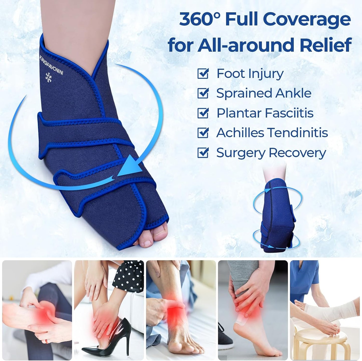 KingPavonini Ankle Foot Ice Pack Wrap, XL, Blue, 1 Wrap + 4 Gel Packs | 30-Min Long-Lasting & Leakproof, Full Coverage for Feet Pain Relief, Hot & Cold Therapy, Insertable Ice Packs, Easy-to-Wear