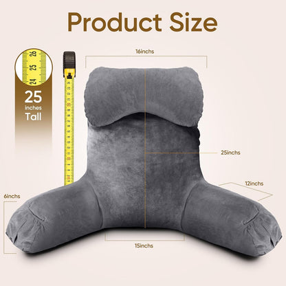 OAISZ Reading Pillow for Sitting in Bed with Shredded Memory Foam, Grey | 19-Inch Back Pillow for Sitting Up in Bed, Extended Arms, Side Pockets, Supportive Adjustable Pillow Removable Washable Cover