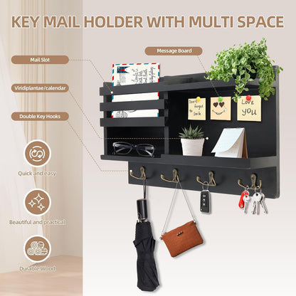 Key Holder Wall Mount, Solid Wood Key and Mail Organizer for Wall(Self Adhesive or Drill), 8 Hooks Key Rack for Entryway Hallway Bedroom Farmhouse Home Decor (Burnt Brown)