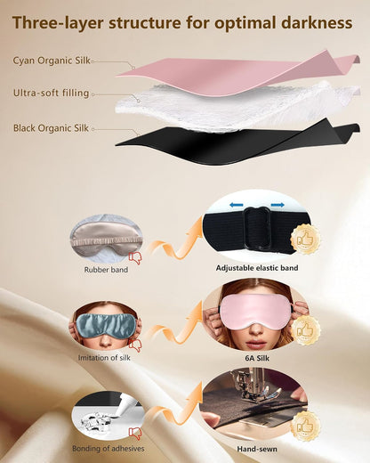 Silk Sleep Mask for Women and Men - Soft Breathable Organic Natural Mulberry Silk Fabric Blackout Eye Mask with Adjustable Straps No Pressure Eye Mask for Travel Essentials Gifts (Black)