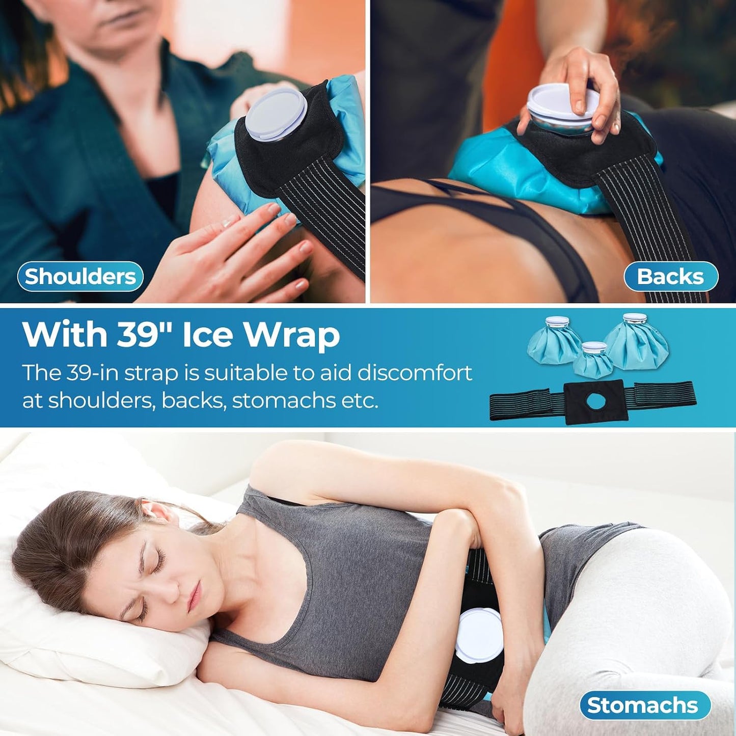 Ice Bags for Injuries Reusable: Ohuhu 3 Packs Ice Cold Packs with 2 Wrap Ice Bag Hot Water Hot & Cold Therapy Pain Relief for Knee Leg Injury No-Leak Waterproof Ice Bags 3 Sizes 6"/9"/11", Light Blue