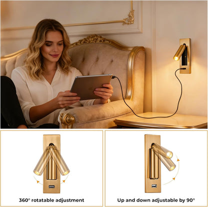 Wall Mounted Reading Light with USB, LED Bedside Reading Light with Switch, Adjustable Recessed Headboard Reading Lights Wall Sconce for Reading, Hardwired Reading Spotlight for Bedroom (Black)