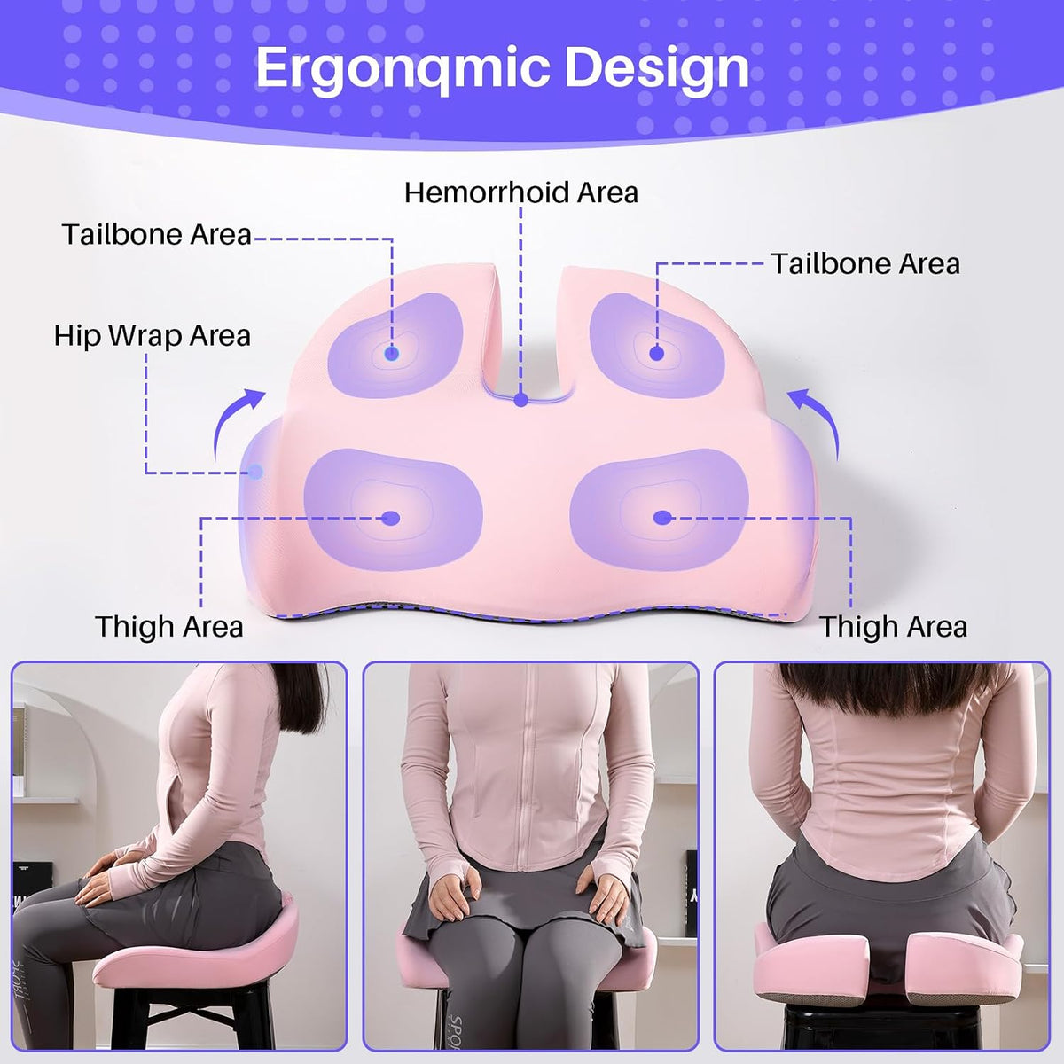 Ergonomic Seat Cushion, Office Chair Cushion for Sciatica Support, Pink