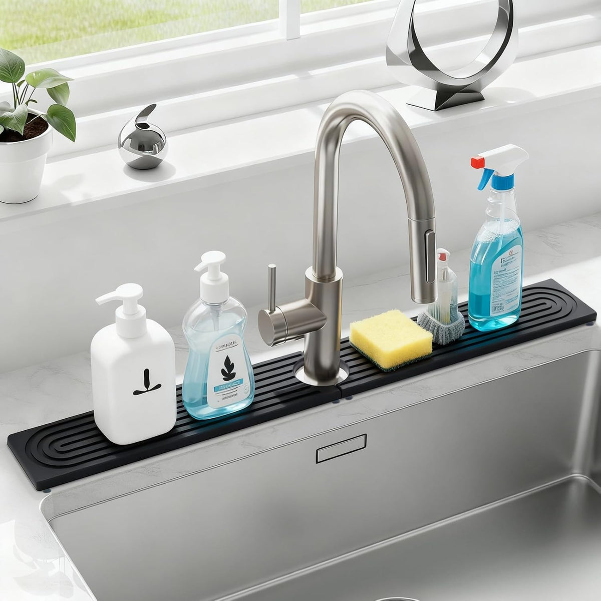 Fast Drying Stone Faucet Mat for Kitchen Sink with Raised Feet, Quick Drying Splash Guard, Faucet Splash Guard, Durable Protector for Kitchen, Bathroom Counter, Dark Gray, 15.8" x 4"