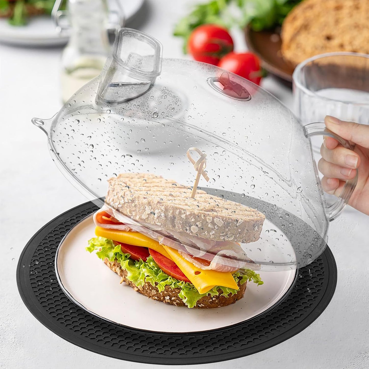 Microwave Splatter Cover, Clear, 10" Plate & 12" Mat | Water Steamer, Integrated Handle, Splatter Guard, BPA-Free