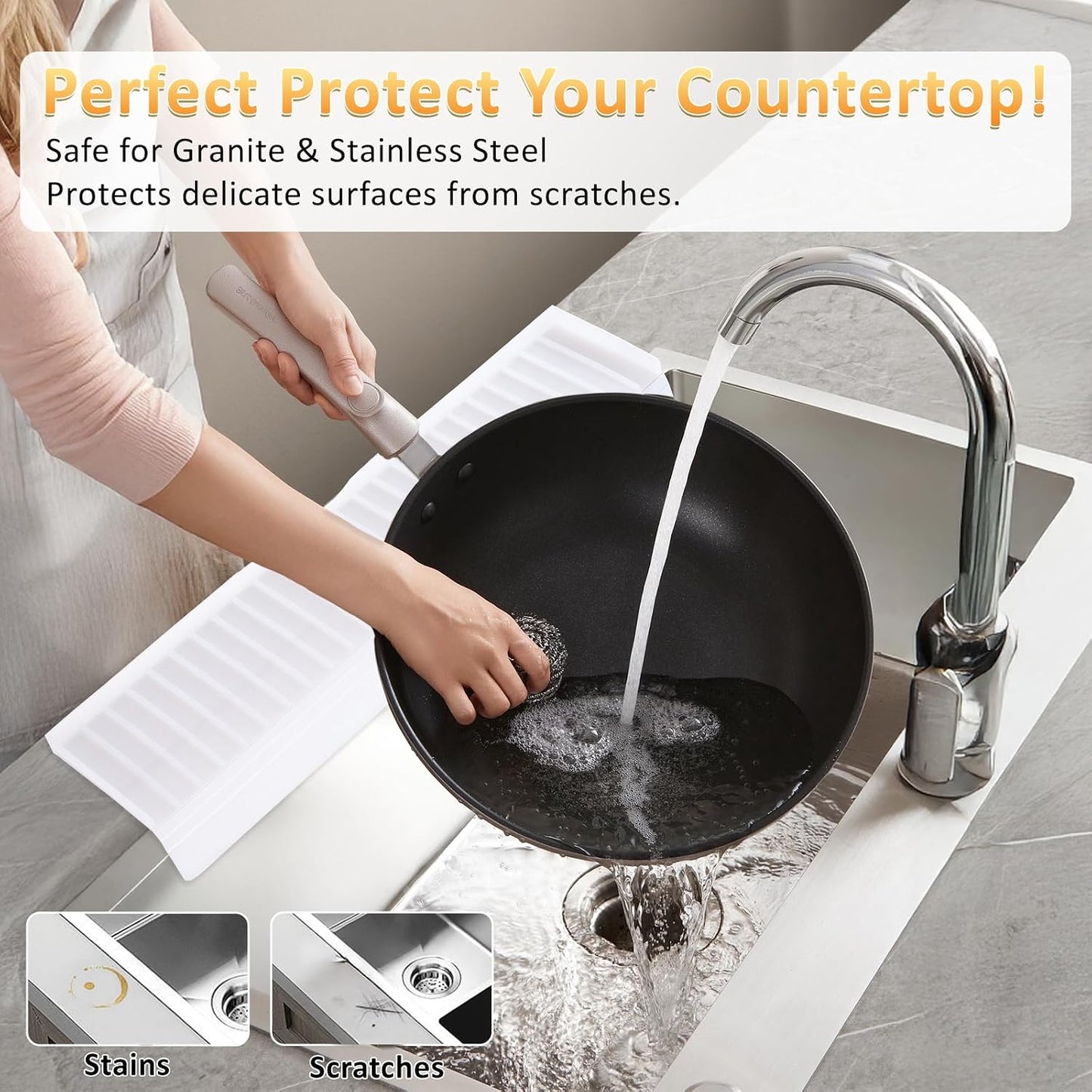 Sink Edge Protector with Suction Cup 14" 20" 24" 30", Silicone Sink Splash Guard for Kitchen & Bathroom, Protect Countertop from Scratches, Stains, for Stainless Steel Granite Quartz-Grey