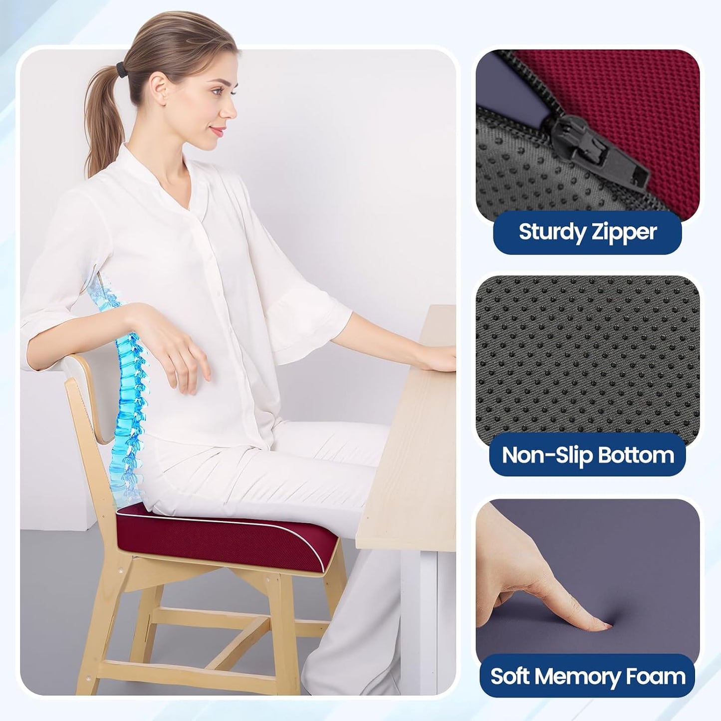 SweetSlubr Seat Cushion, Chair Pad, Memory Foam Large Cushion | Office Chair Cushion for Tailbone Pain Relief, Non-Slip Cover, Soft Support for Office Chair, Car Seat, Airplane,Large/Black