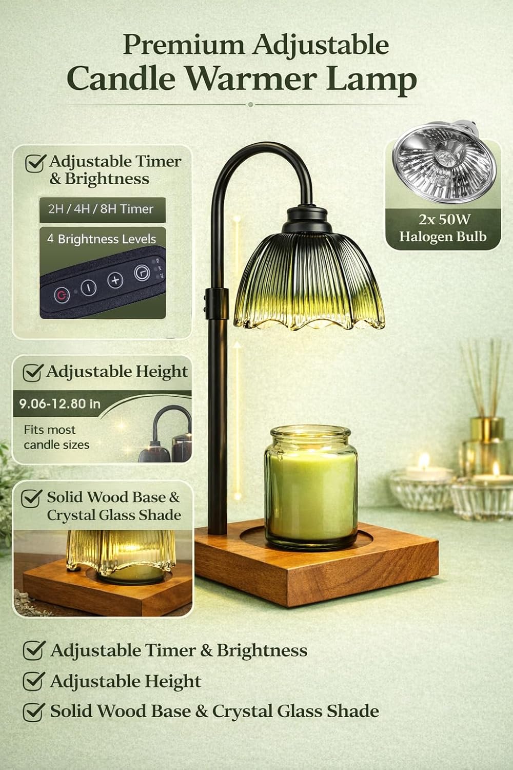 Candle Warmer Lamp for Jar Candles with Timer, Dimmer & 2 Bulbs